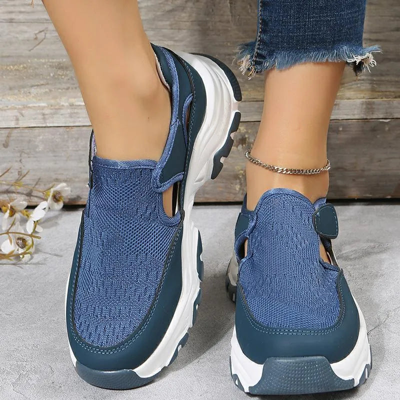 Women's mesh sport shoes with flat heel, round toe, Velcro fastening, and breathable mesh upper in solid colour