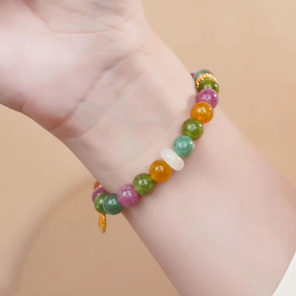 Tourmaline half bracelet in rainbow colours with electroplated finish for women