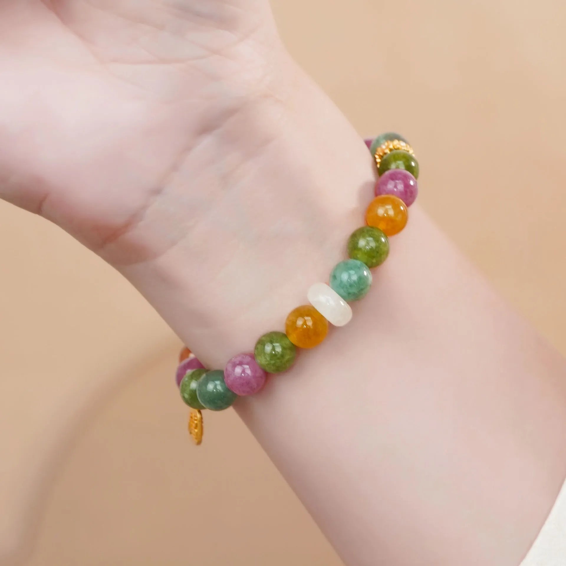 Tourmaline half bracelet in rainbow colours with electroplated finish for women