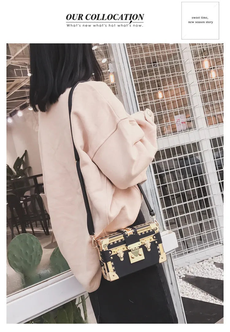 Hard structured PU leather women's shoulder bag with rivet decoration and hasp closure flap