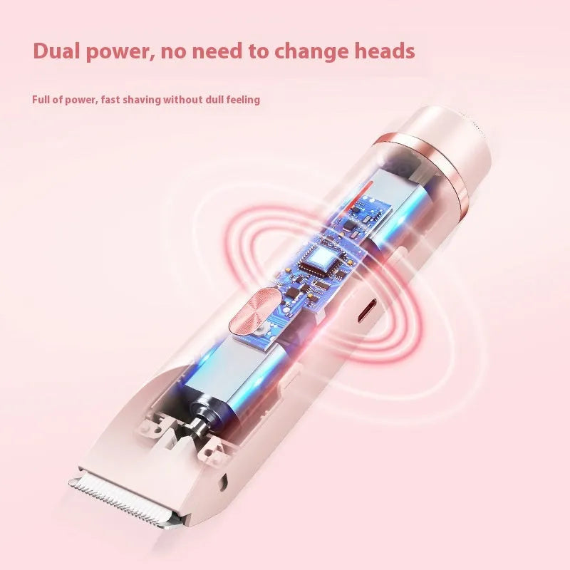 Pink women's electric body hair trimmer and shaver with USB cable on a white background