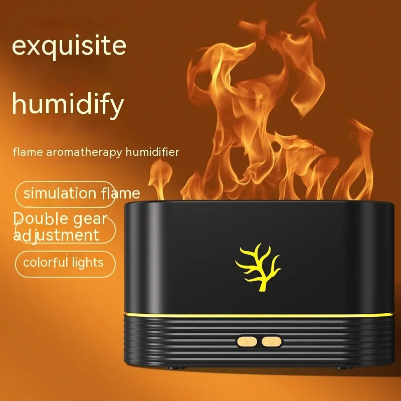 Square-shaped USB flame humidifier with LED aroma diffuser in white or black colour creating realistic fire effects