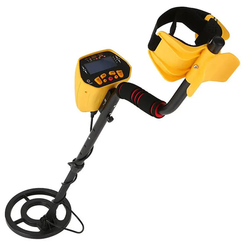 Black and yellow GC1028 professional metal detector with LCD screen and adjustable pole.