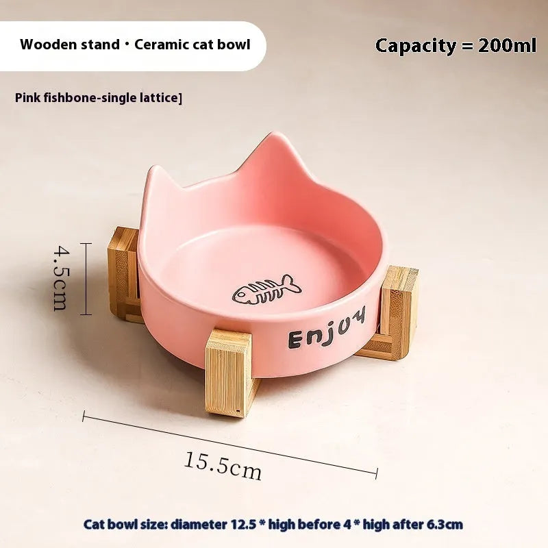 Porcelain cat bowls with wooden frame in cat ear paw design
