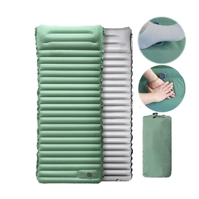 Portable inflatable camping mattress in spring rain grey colour, shown with dimensions 195x70x10 cm.