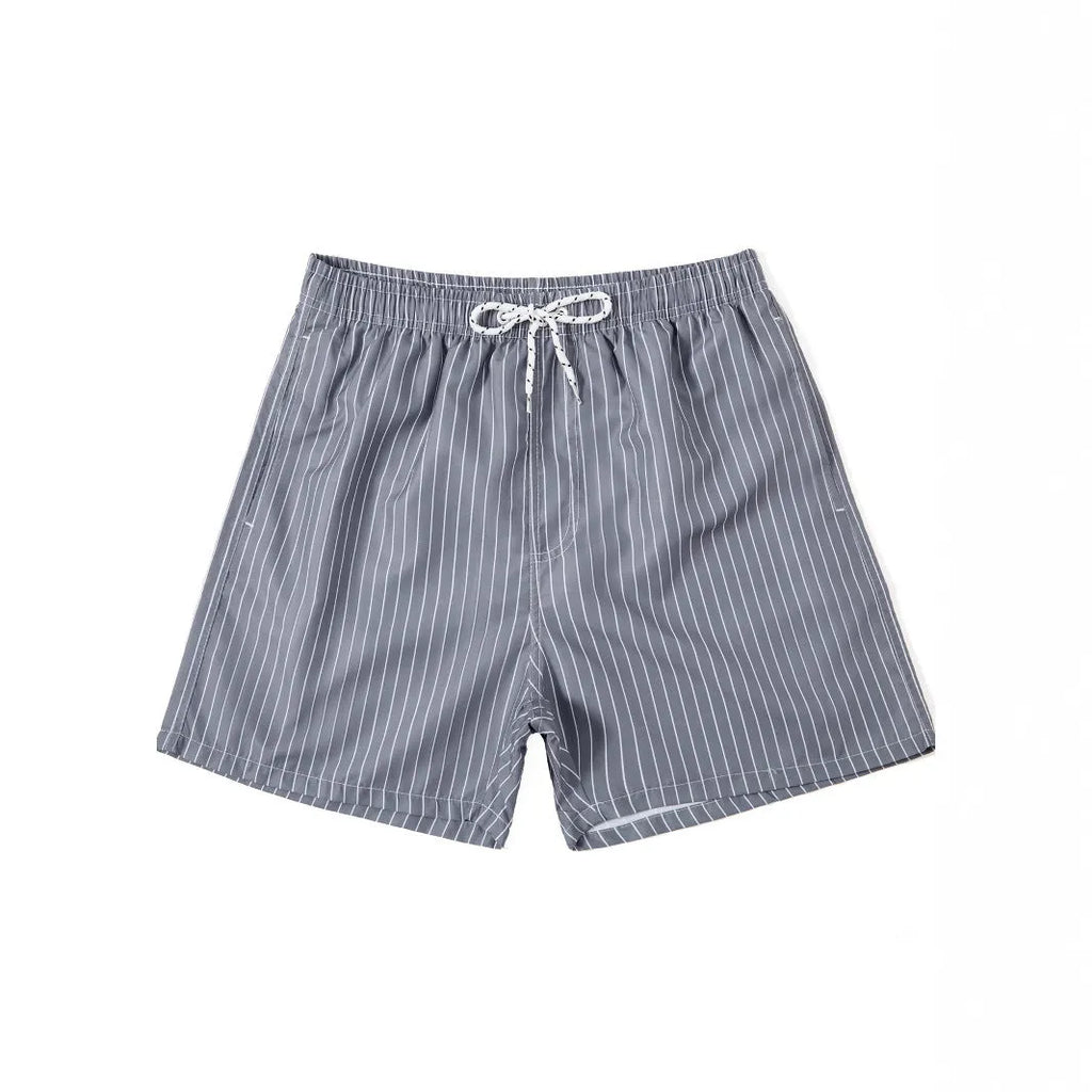 Men's striped polyester shorts in navy blue on a mannequin, showing straight leg design.