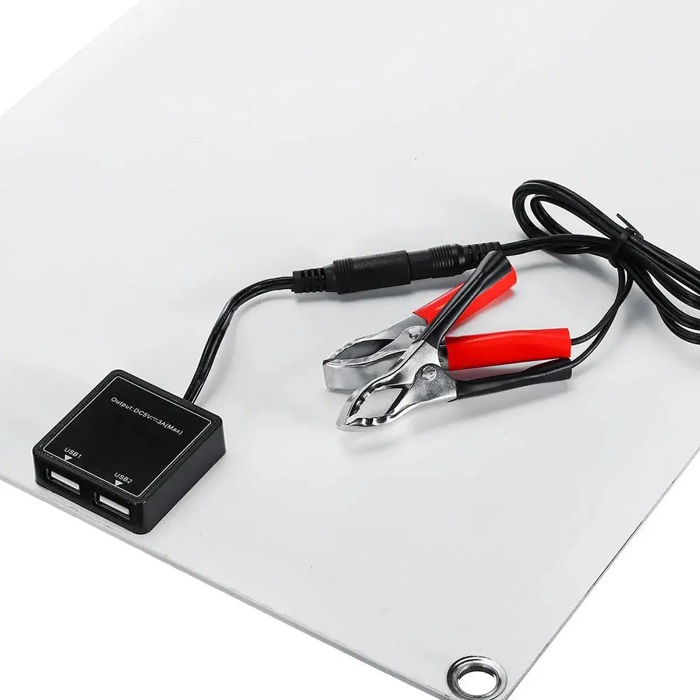 30W semi-flexible solar panel showing USB port for charging mobile devices.