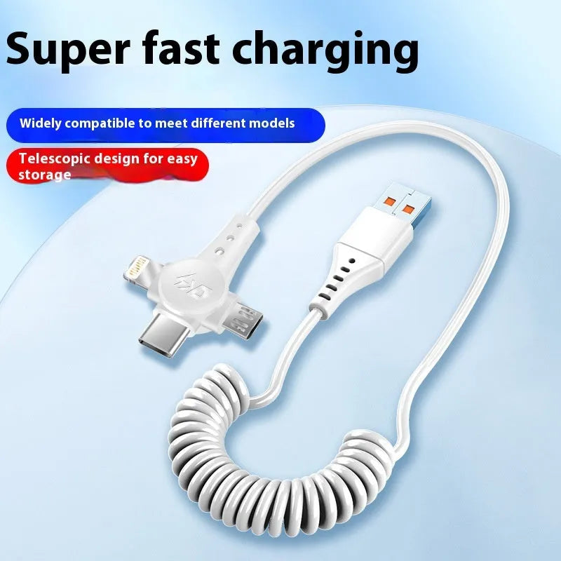 Black telescopic spring coil data cable with Type-C, Micro USB and Lightning connectors extended to 1.5m