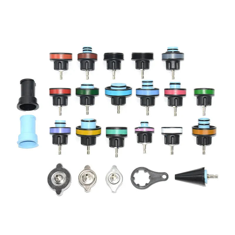 Blue 28-piece automotive radiator pressure tester kit with vacuum purge and refill tools for cooling system diagnostics