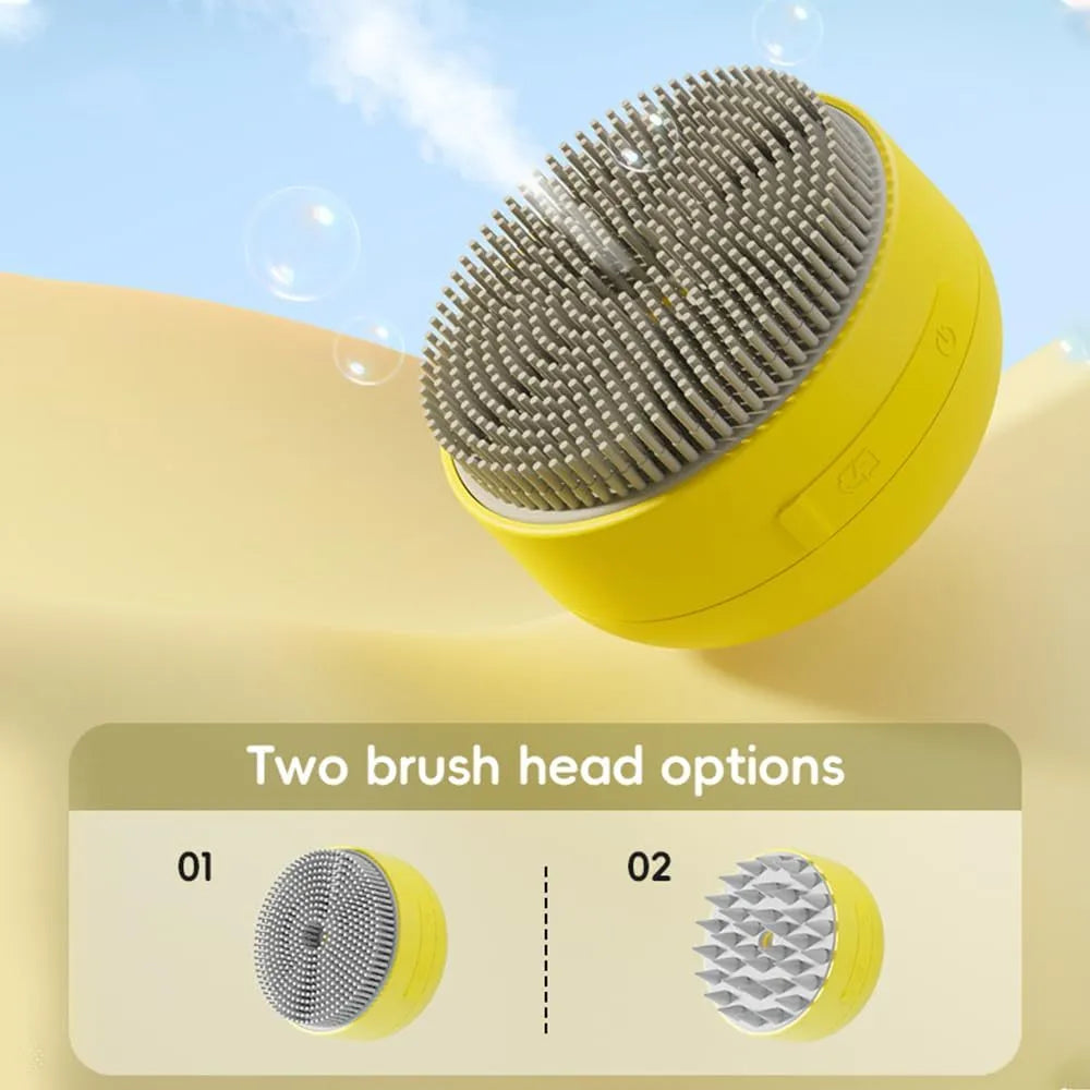 Green and yellow rechargeable steam brush for grooming cats and dogs on a white background.