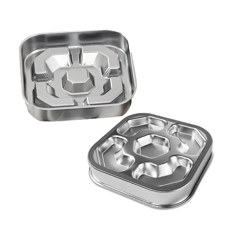 Square stainless steel slow feeding bowl with bone-shaped pattern for dogs and cats