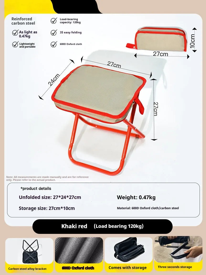 Lightweight foldable camping stool in Oxford cloth shown in a khaki colour, folded to a slim profile.