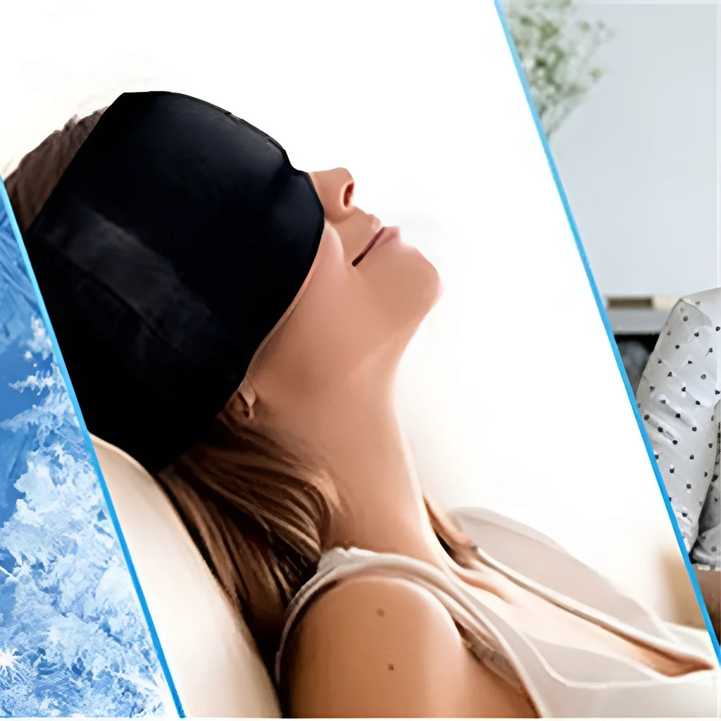 Elastic cloth gel eye mask for headache relief with adjustable headband in black colour