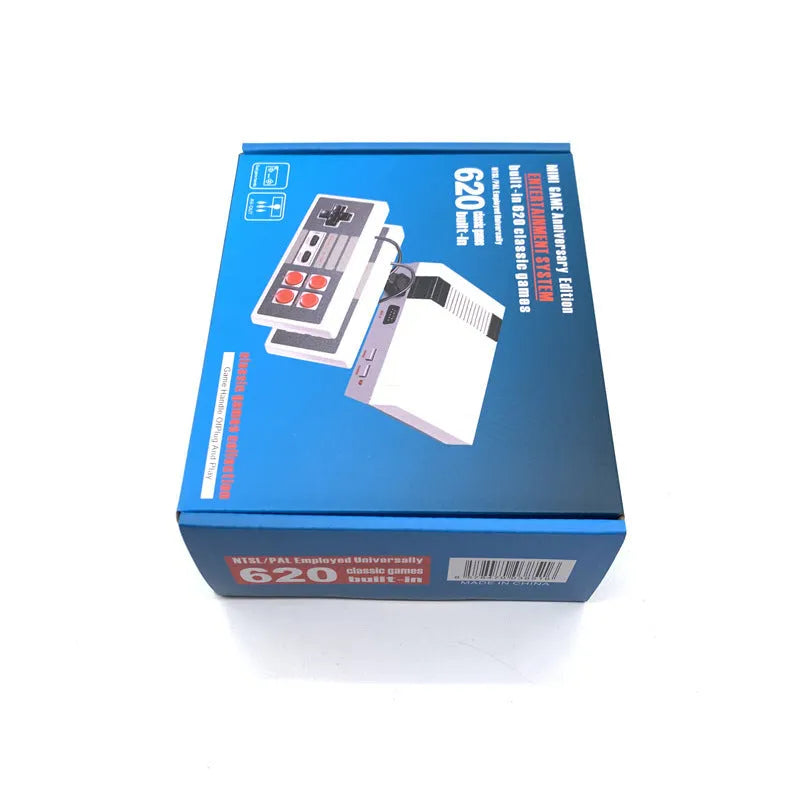 Compact black retro NES game console with two classic controllers on a stand.