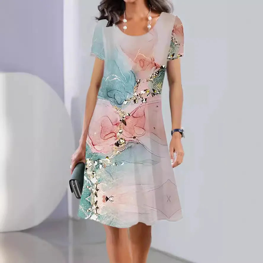 Ice silk summer dress with plants and flowers print, A-line skirt, short sleeves, and round neck.