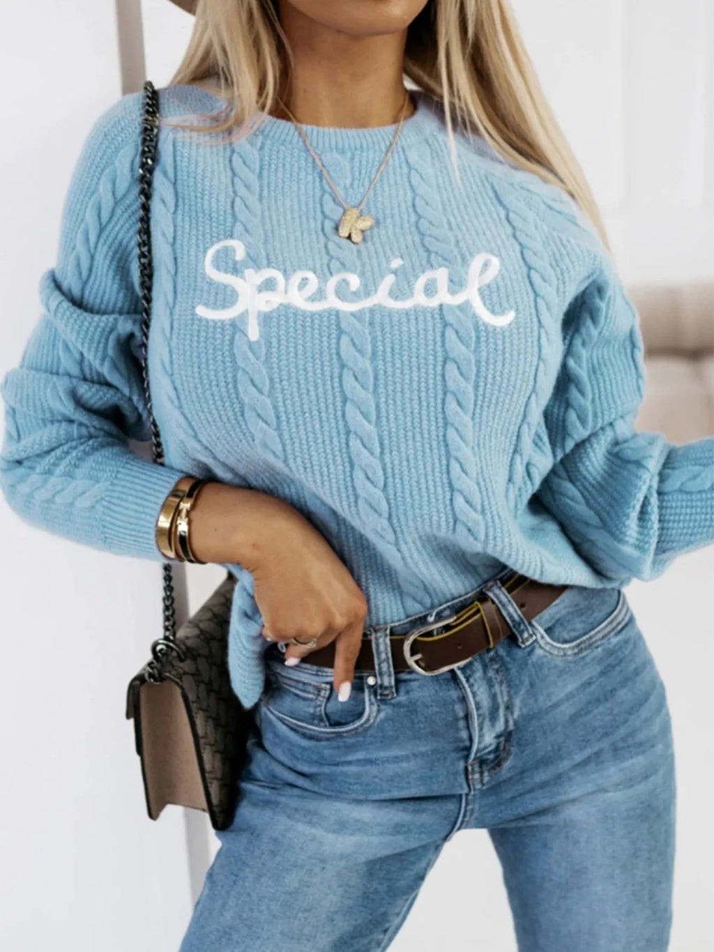 Blue embroidered text pattern pullover sweater with crew neck