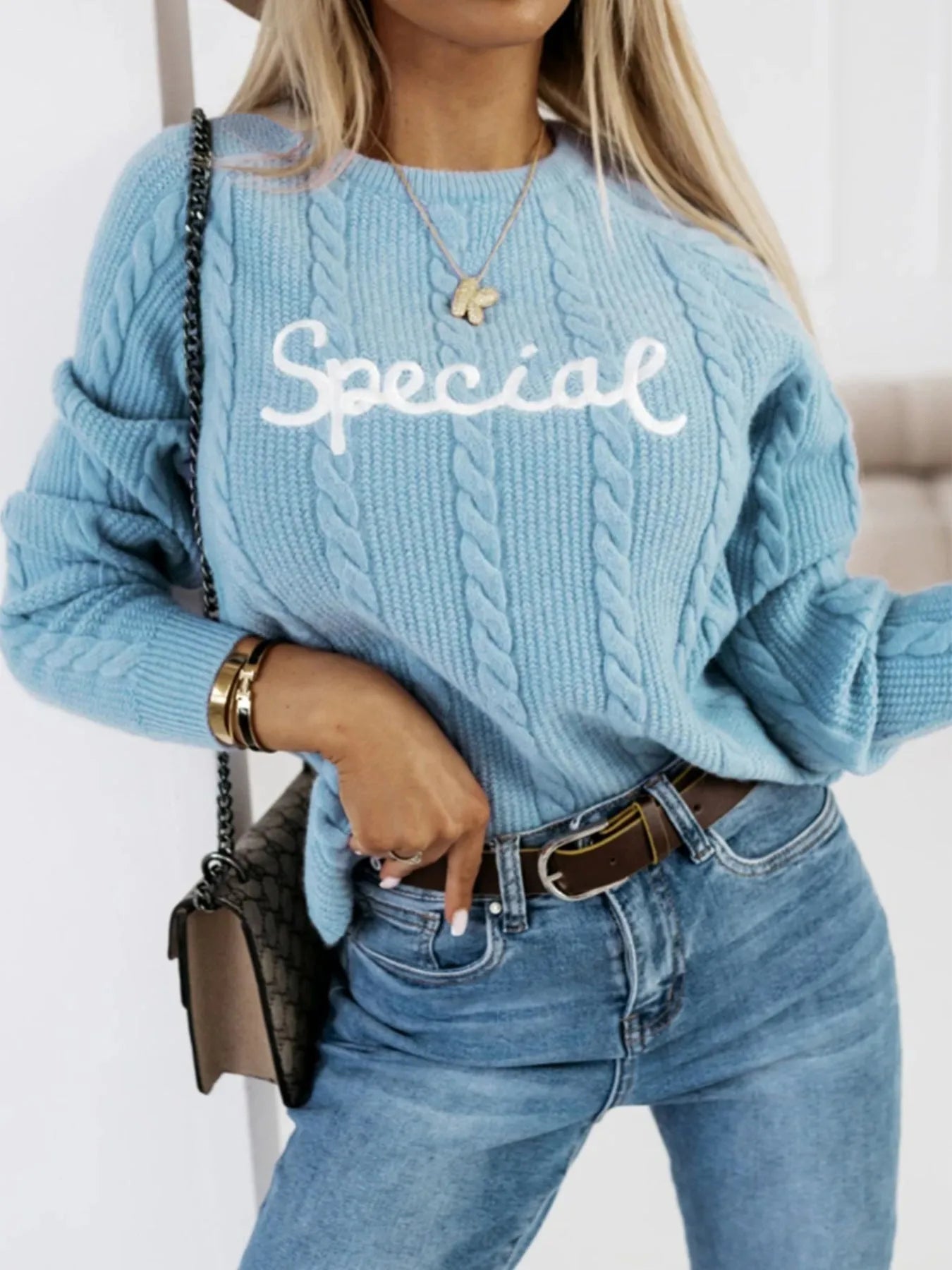 Blue embroidered text pattern pullover sweater with crew neck