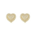 A pair of golden heart-shaped moissanite stud earrings on an S925 silver post.