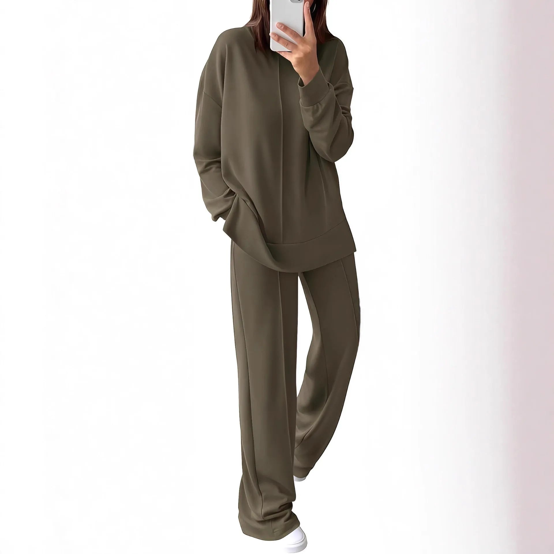 Women's army green polyester jogging suit set with long sleeves, shown as a matching top and trousers.