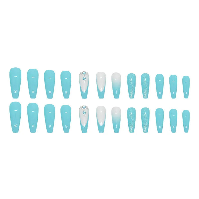 Smart blue diamond false nails with long ballet shape and included adhesive glue