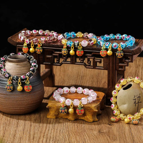 Handmade fluorescent glaze bracelet with swallowing gold beast motif on heart-shaped 10mm beads