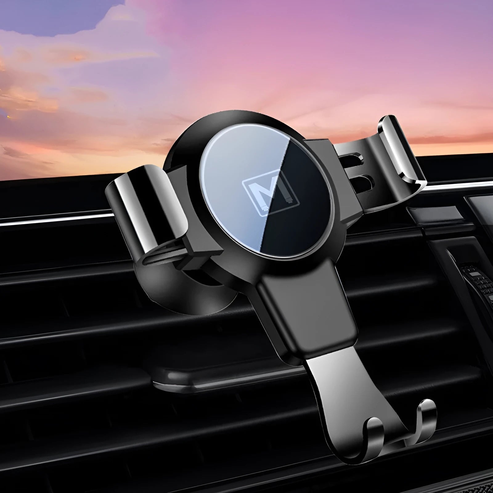 Black S4 gravity mirror car phone bracket mounted on air conditioning vent holding smartphone