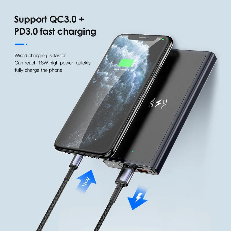 Black and blue square aluminum wireless charging power bank with integrated plug.