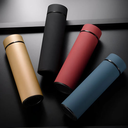 450ml stainless steel vacuum insulated water bottle in black, red, gold, and blue colours