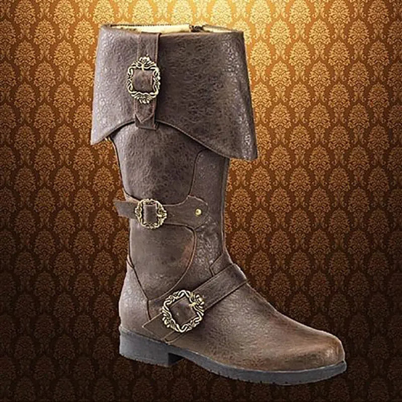 Medieval Renaissance cosplay boots in dark brown with high shaft, chunky heel, and turn-up design