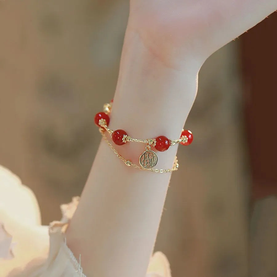 Red agate and alloy double-layer bracelet with blessing card charm in gift box