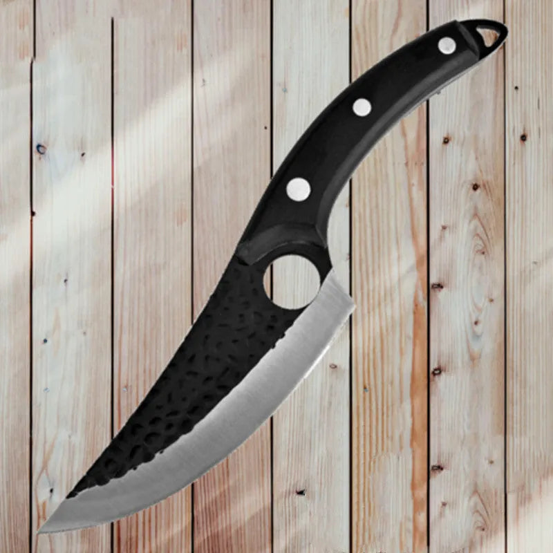 Butcher knife set with curved scimitar blade and straight boning knife in leather sheath