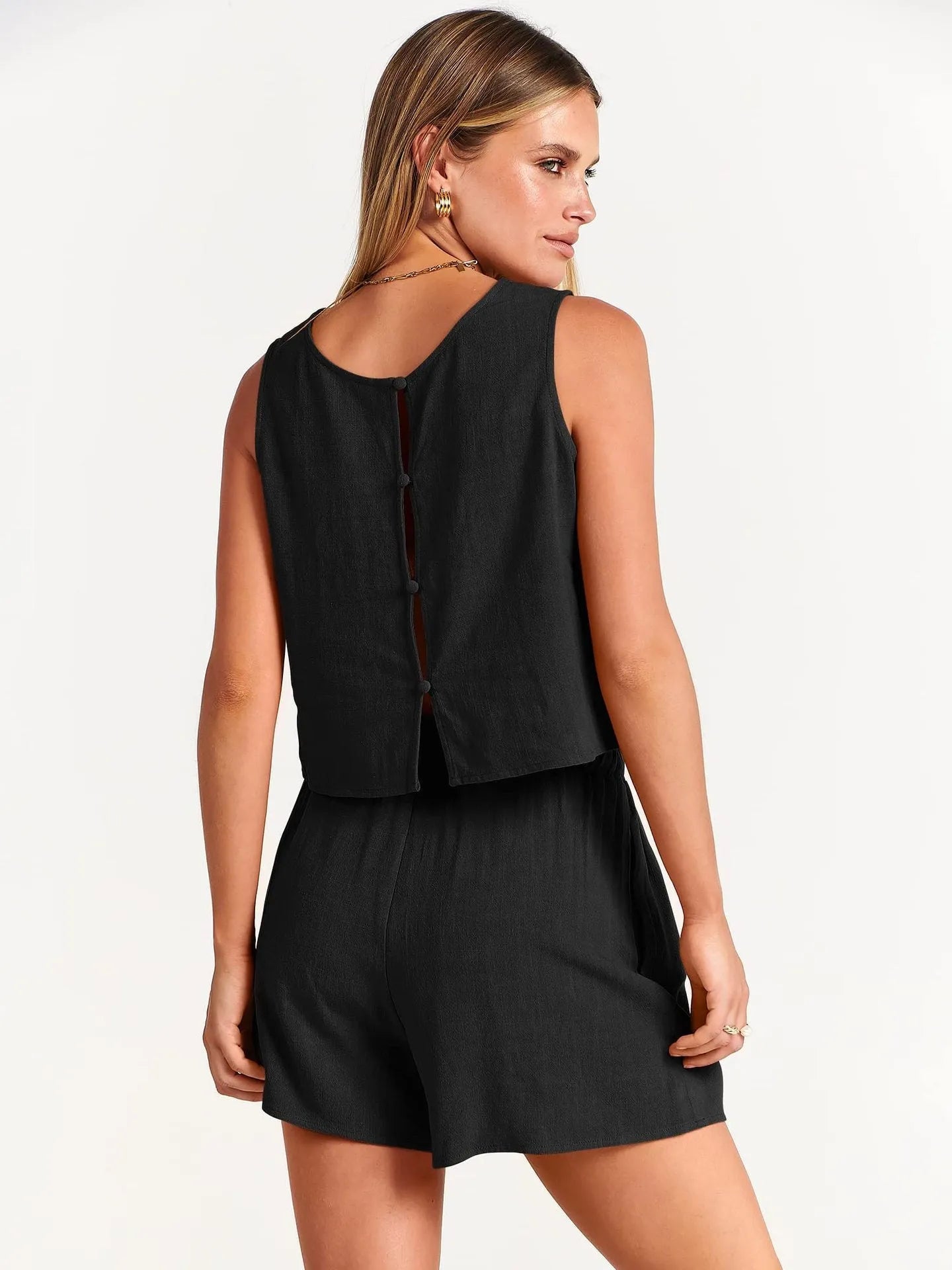 Women's sleeveless top and drawstring shorts summer set in a rayon-linen blend, shown in apricot colour.