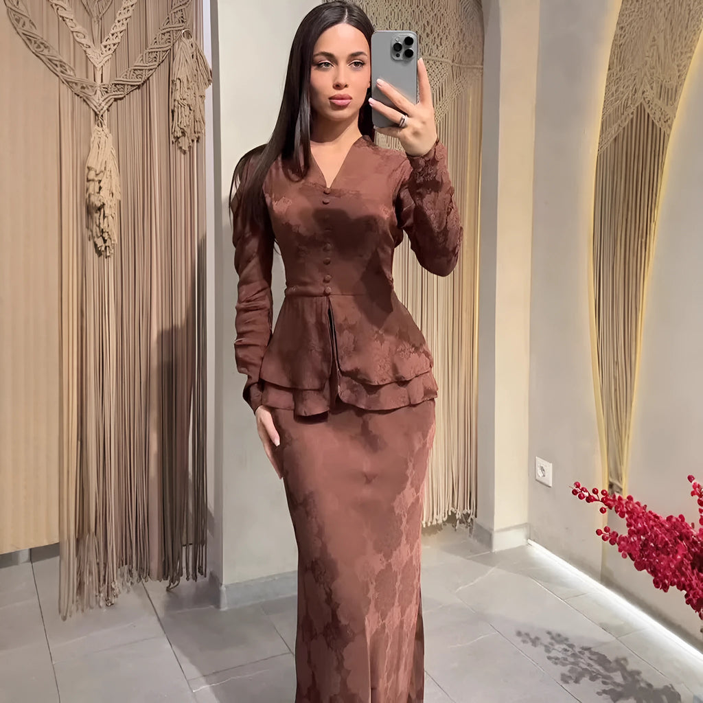 Dark brown artistic retro long sleeve dress with plant pattern and fake two-piece design