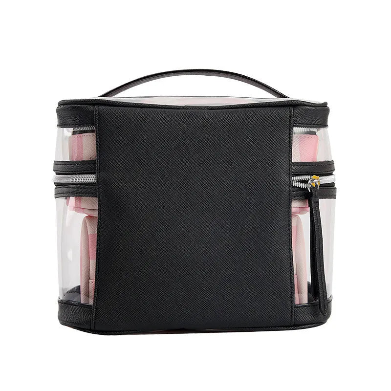 Pink bold stripe floral pattern waterproof synthetic leather makeup kit bag with folding design