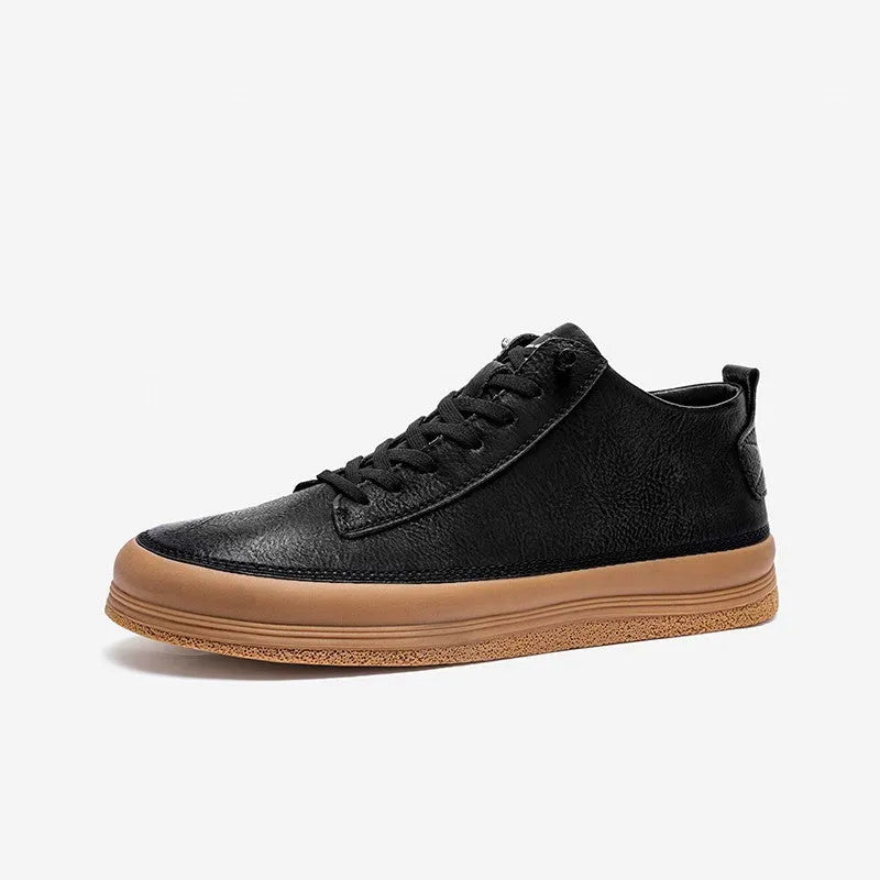 Men's black casual leather shoes with round toe and rubber soles displayed alongside white colour option