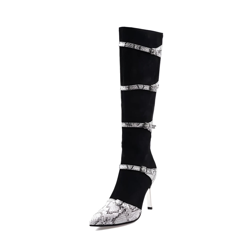 Women's knee-high black boots with thin 9cm heels and pointed toe design