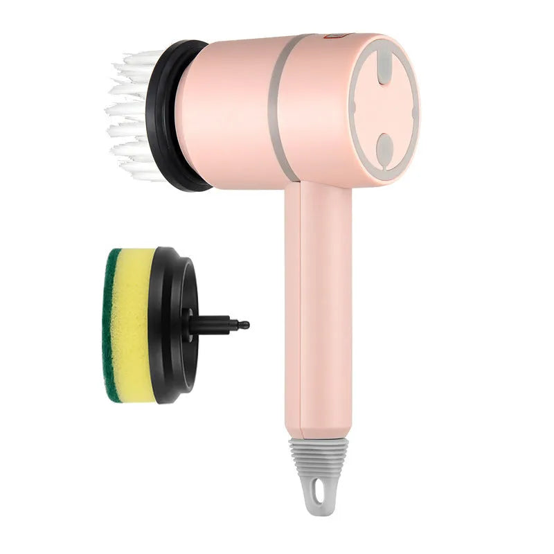 White rechargeable electric cleaning brush with multiple scrubber heads on a kitchen worktop.