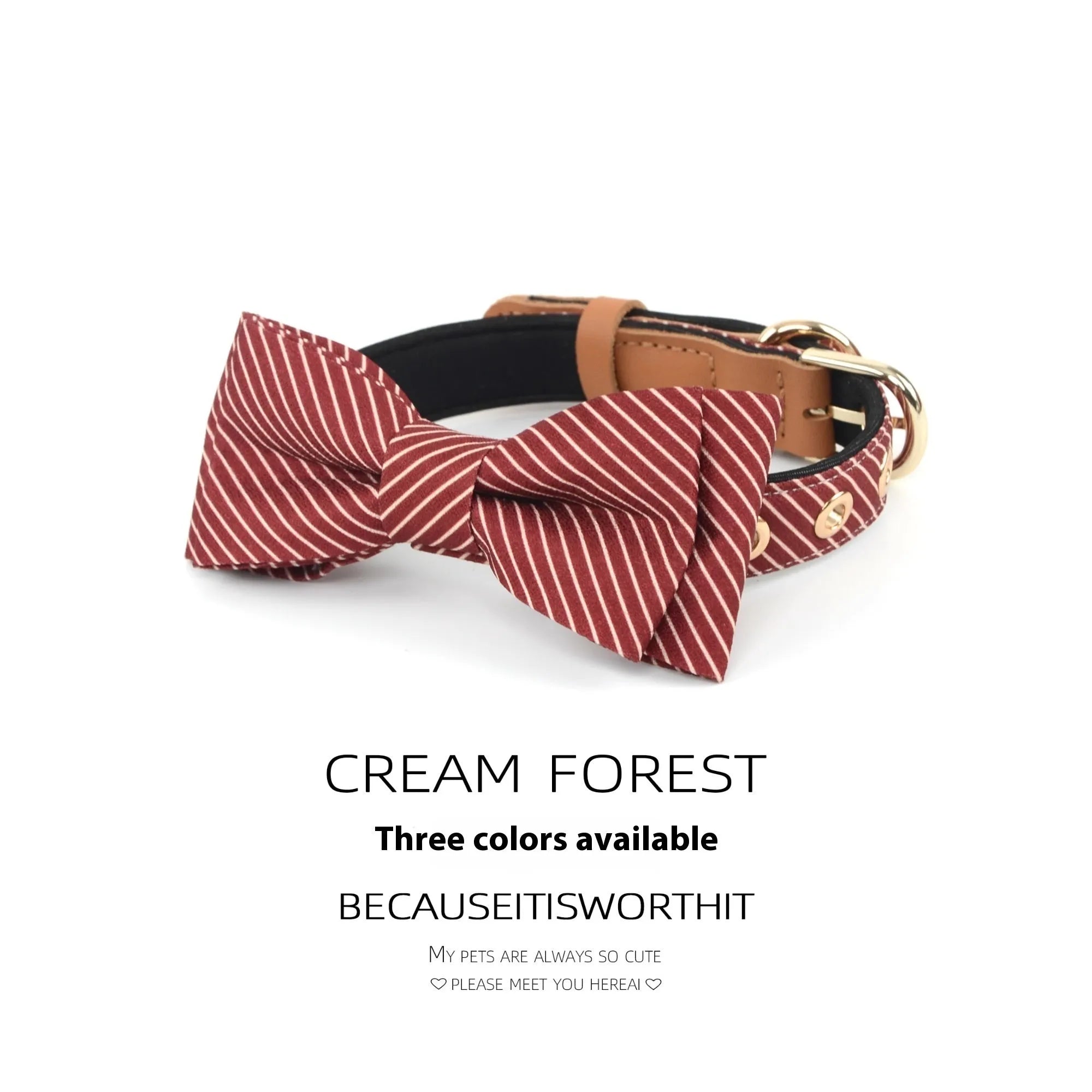 White cotton dog collar with a detachable red bow and optional leather name lettering on a dog.