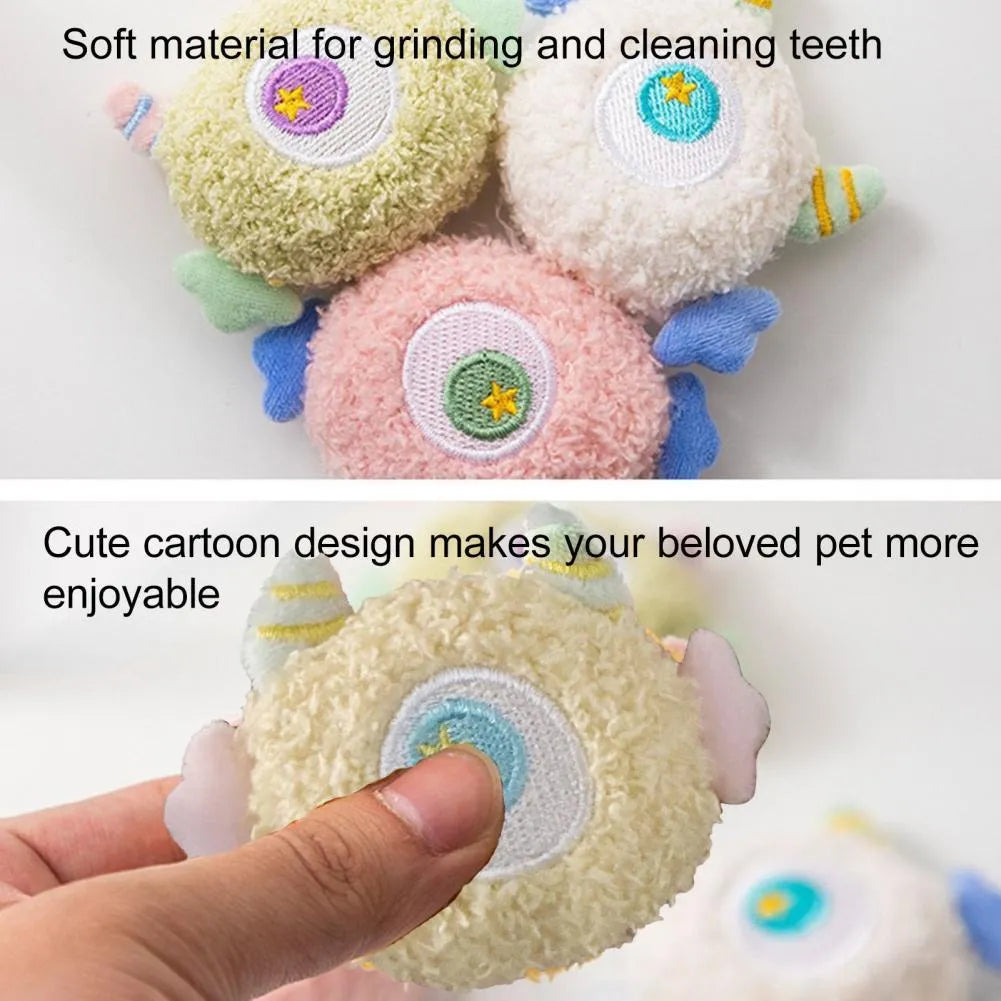 Cartoon-shaped plush dog chew toy with large eyes and squeaky sound feature