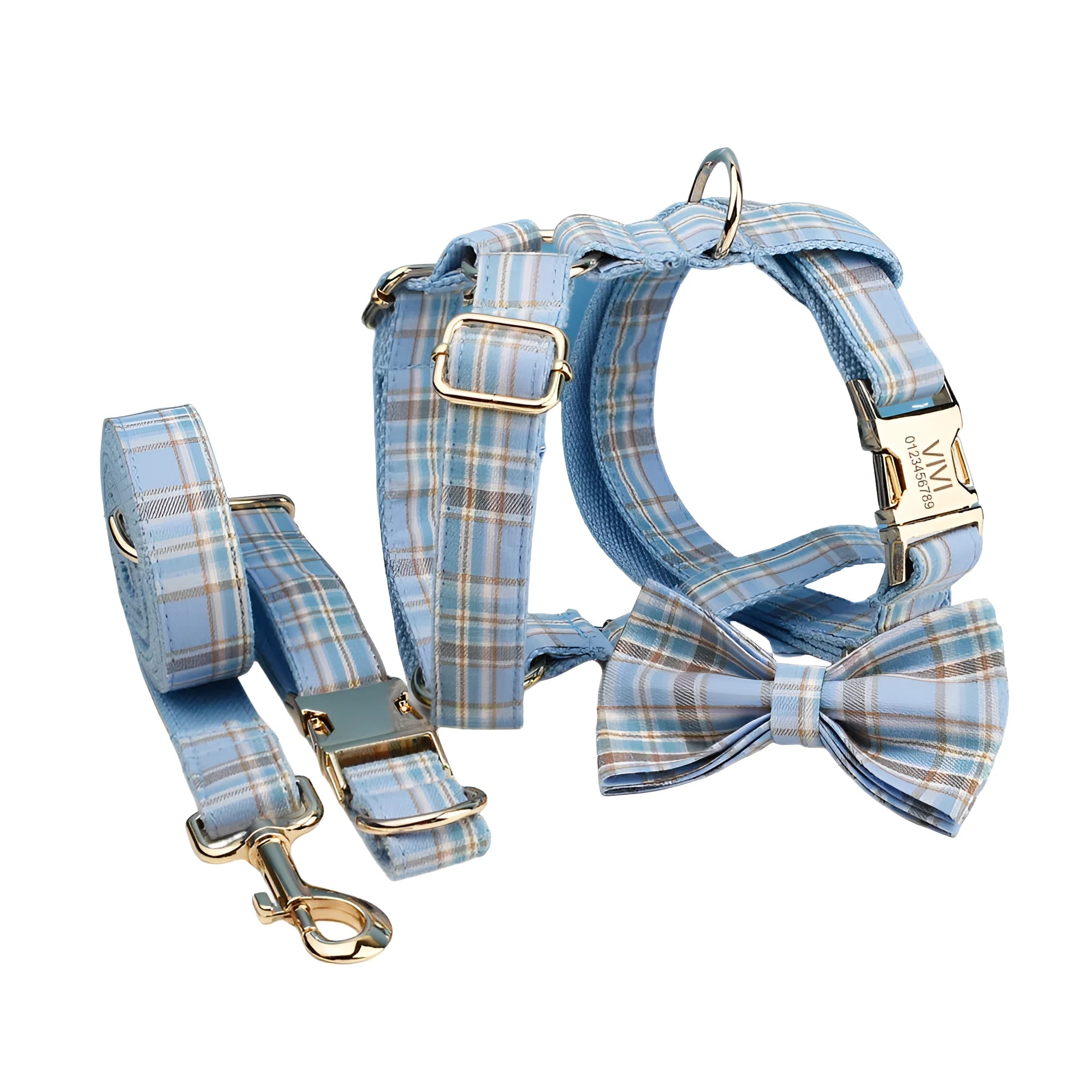 Sky blue grid forest pattern dog collar and leash set with matching vest and decorative bow.
