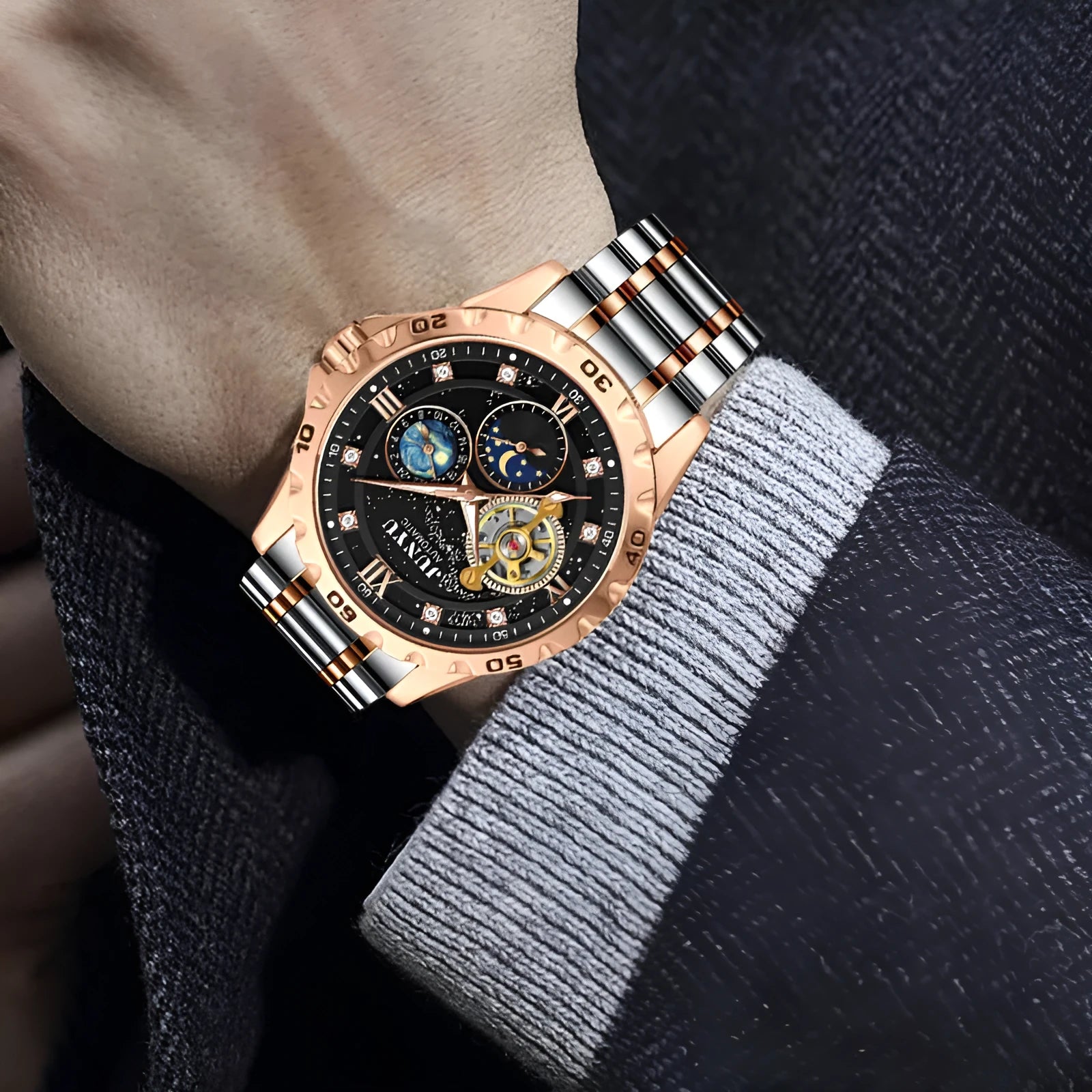 Men's waterproof luminous automatic mechanical watch showing four colour options with 12mm thickness