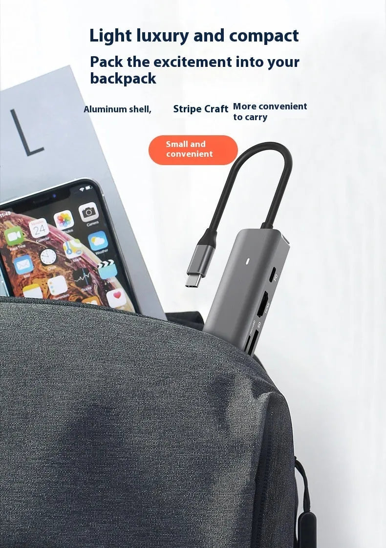 Silver 7-in-1 USB-C hub showing USB-C PD port, three USB ports, HDMI, and SD card slots.