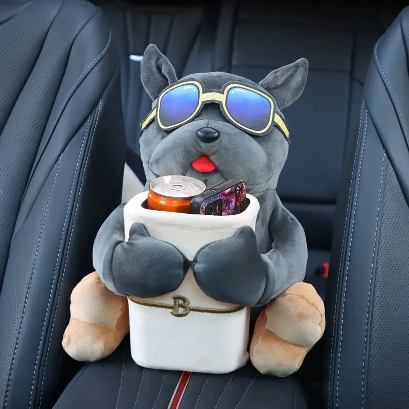 Plush car tissue box organiser hanging from vehicle flip armrest