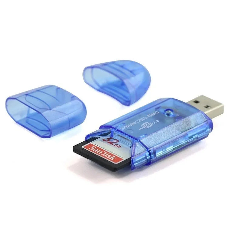 Transparent plastic USB card reader with optional LED light on a desk