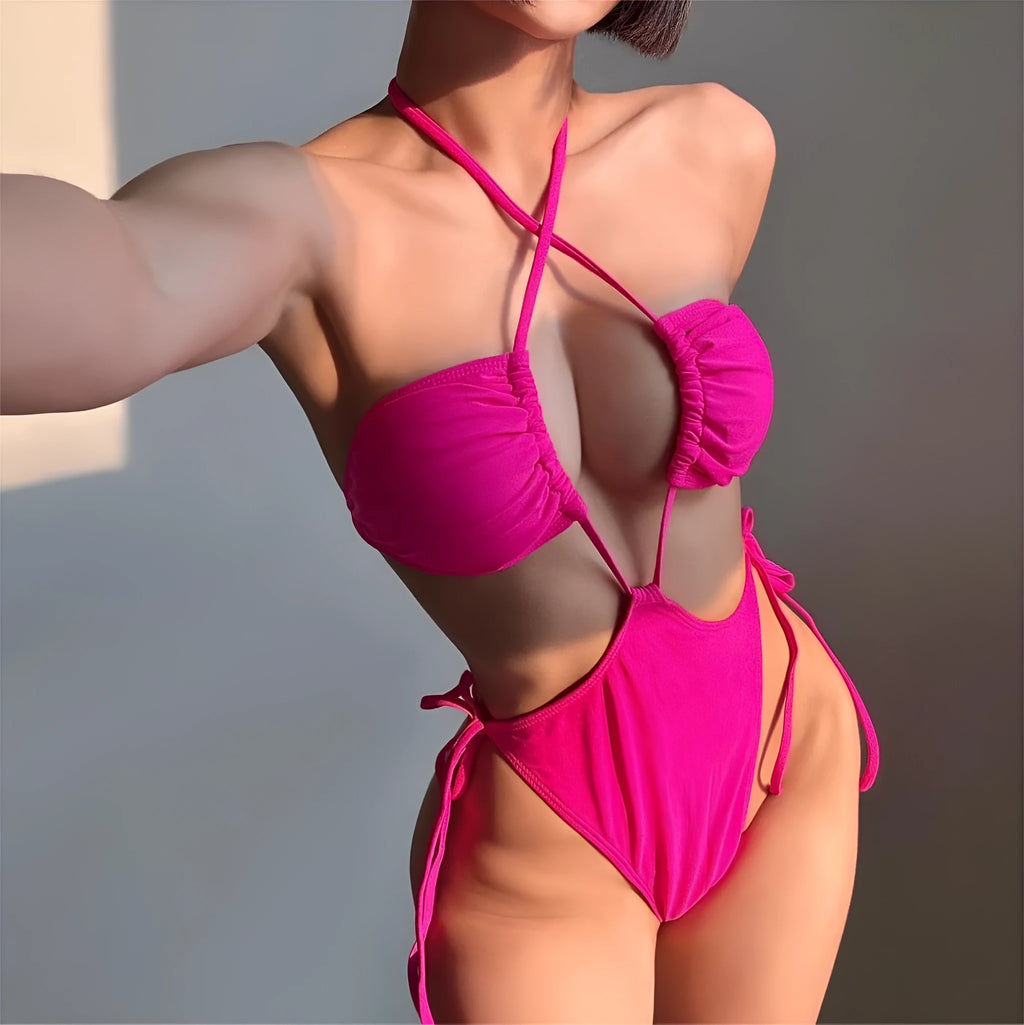 Women's one-piece swimsuit with front drawstring closure in nylon fabric