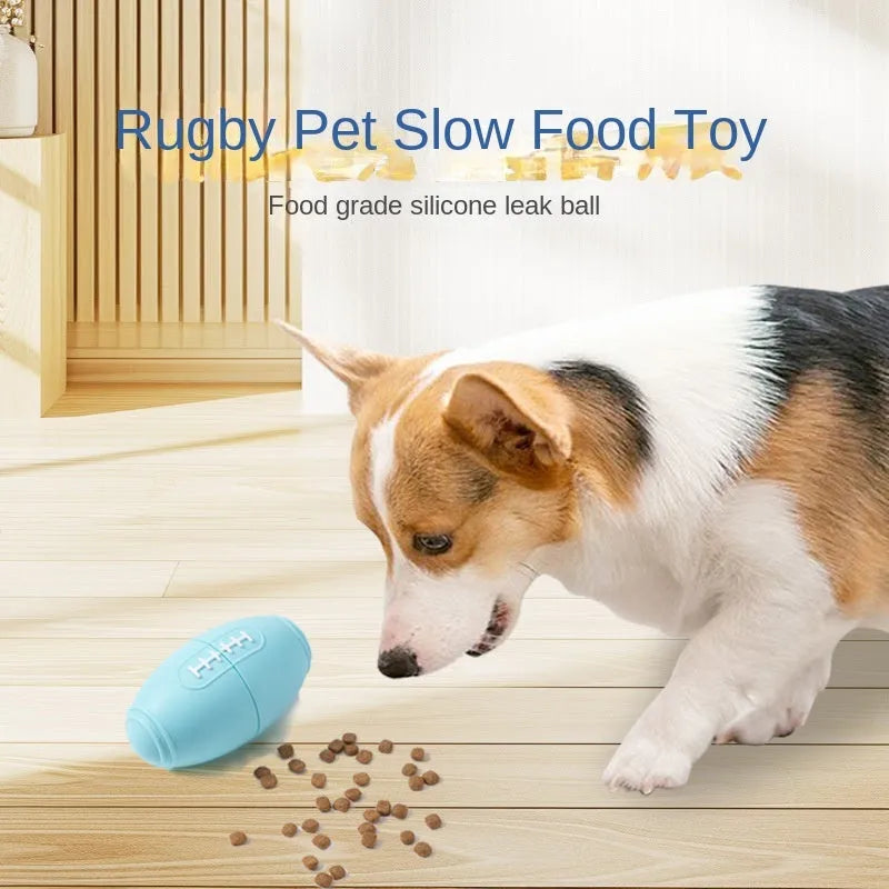 Silicone rugby ball dog toy with treat holes in blue colour