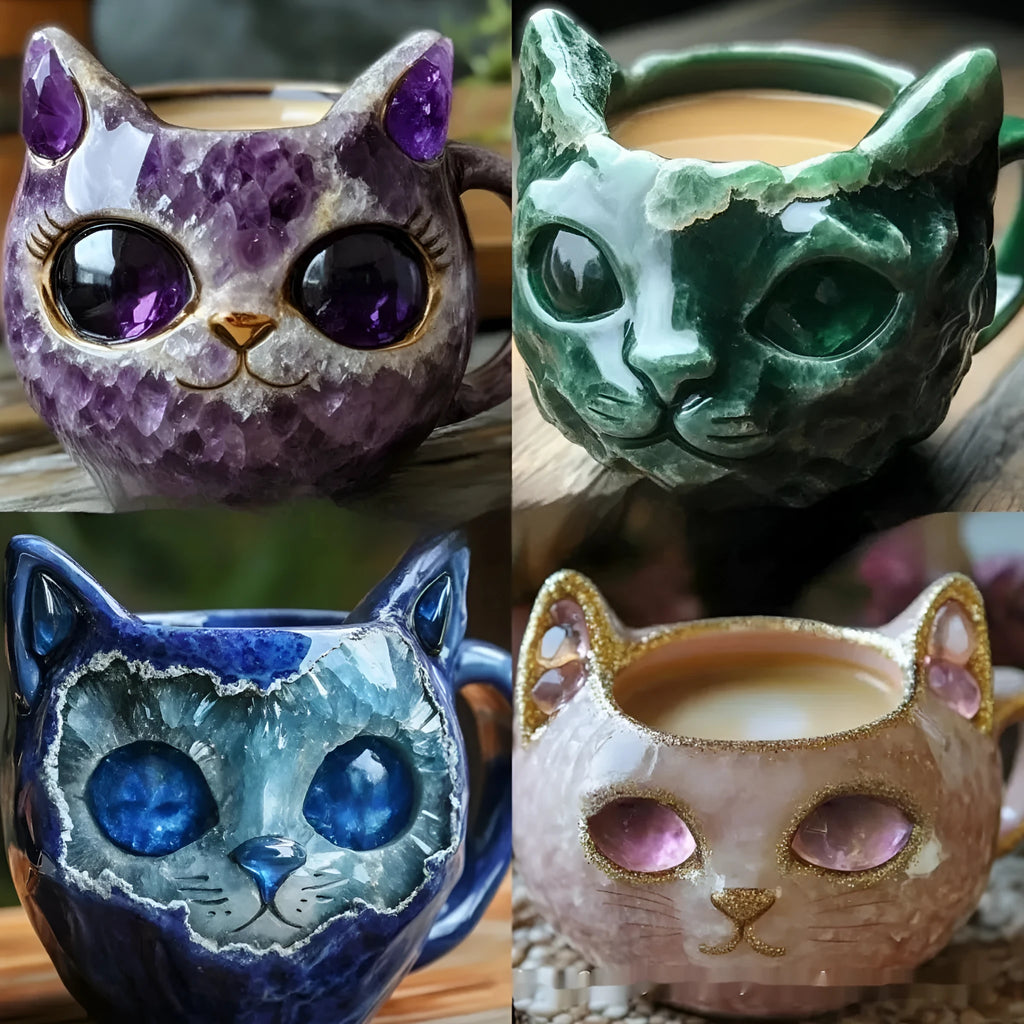 Pastel coloured resin geode mug with an embedded crystal-style cat figurine.