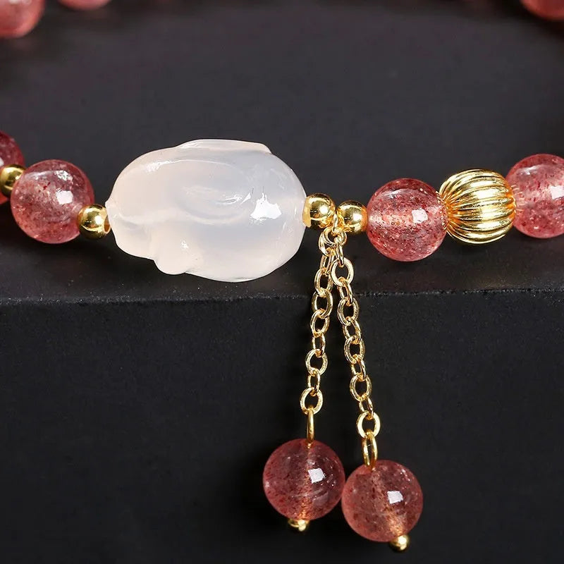 Strawberry quartz agate White Rabbit bracelet with 6mm geometric round beads for women