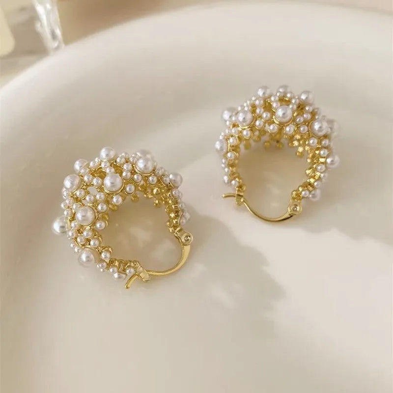Gold copper flower basket earrings with pearl inlay and small rice-shaped beads