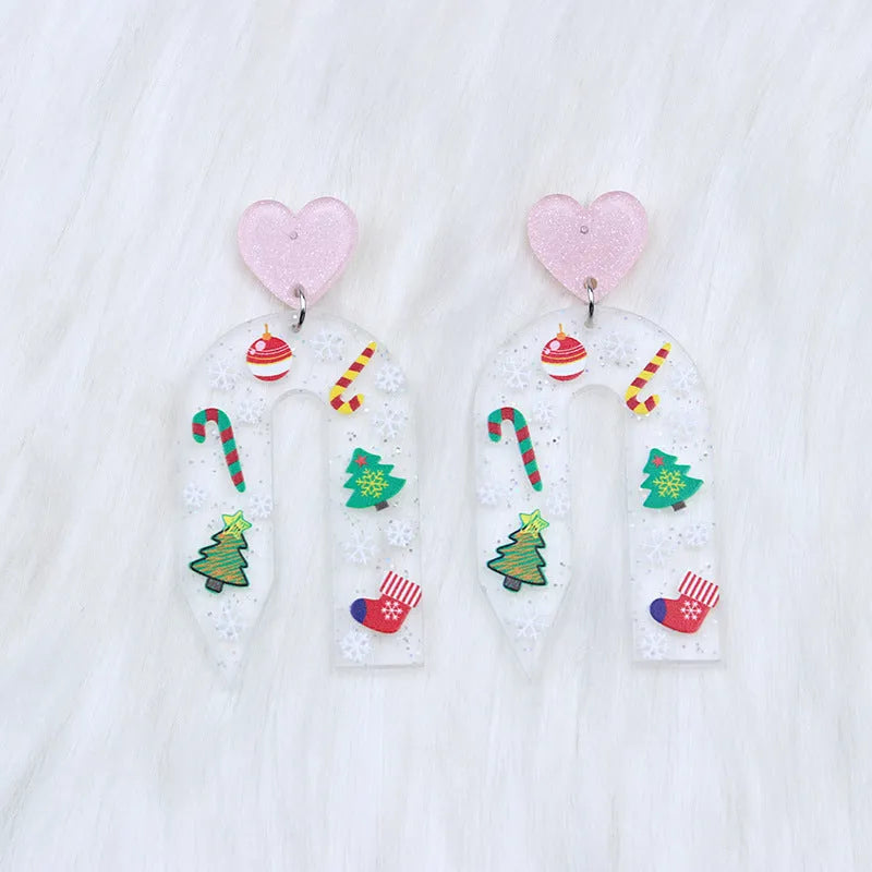 Christmas ear studs in acrylic with geometric shape and printed snowflake design, 6.5x3.1cm